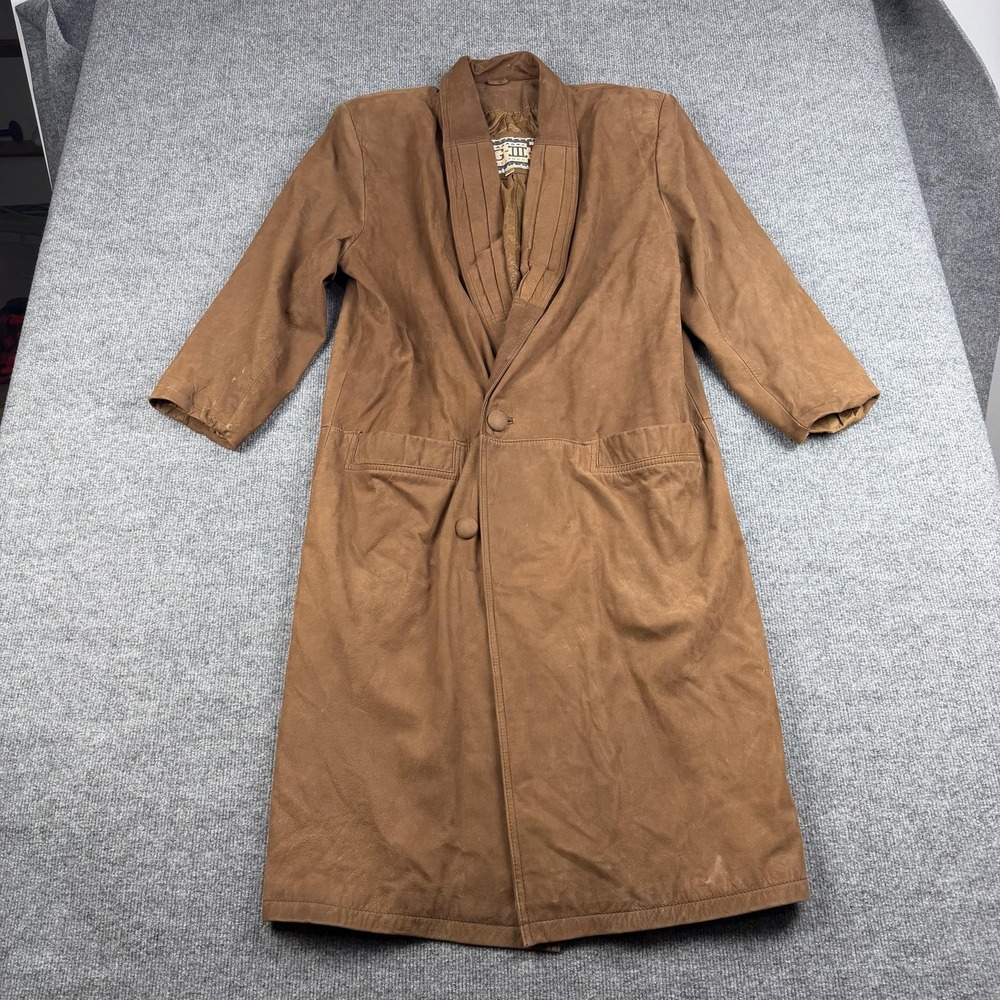 Vintage G-III Leather Coat Womens Large Brown Shawl Collar Button Overcoat 80s
